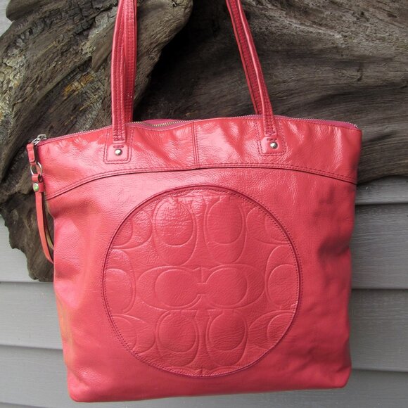 Coach Handbags - Red Leather Tote Bag with Embossed Logo Detail (FREE BEAUTY GIFT INCLUDED)